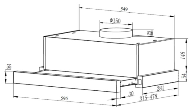 Rysunek techniczny okapu kuchennego z wymiarami.