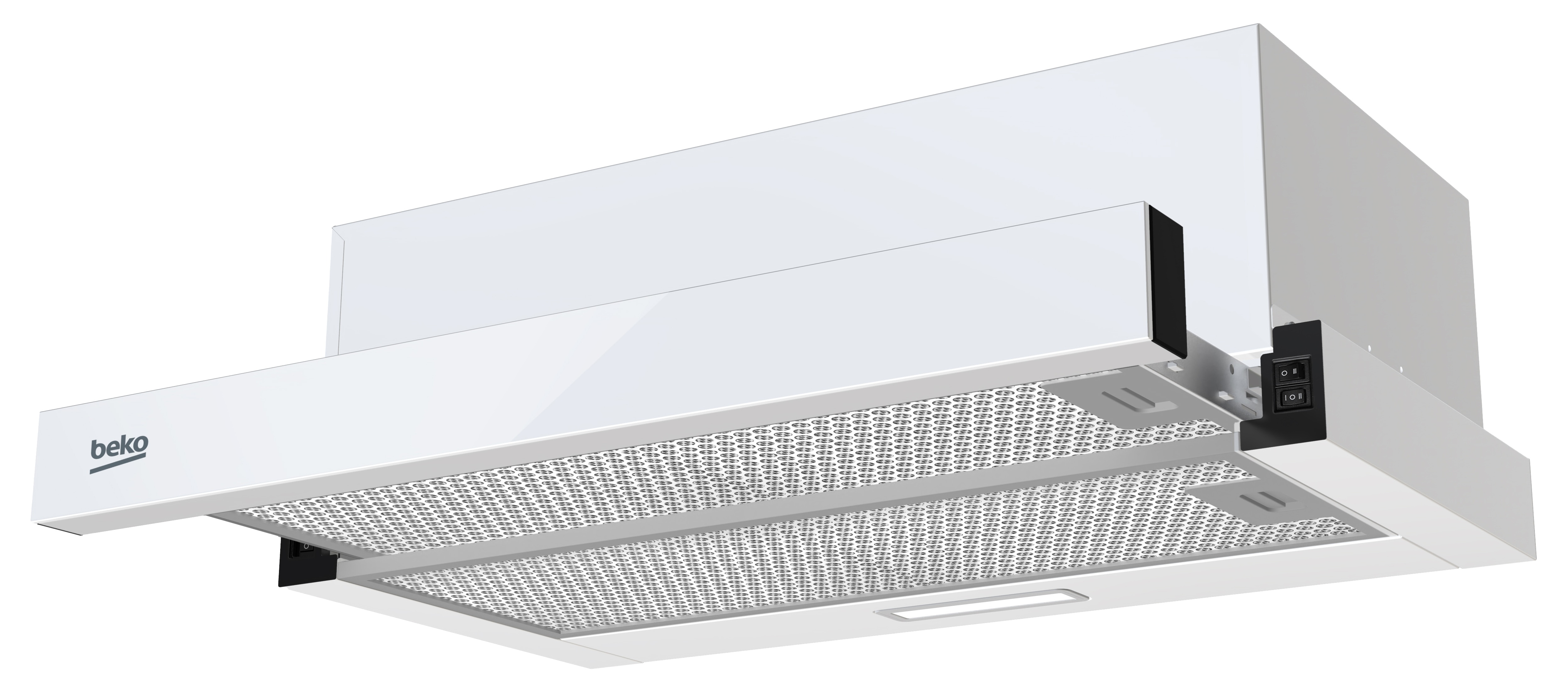 Biały okap Beko z logo, metalowymi filtrami i oświetleniem.