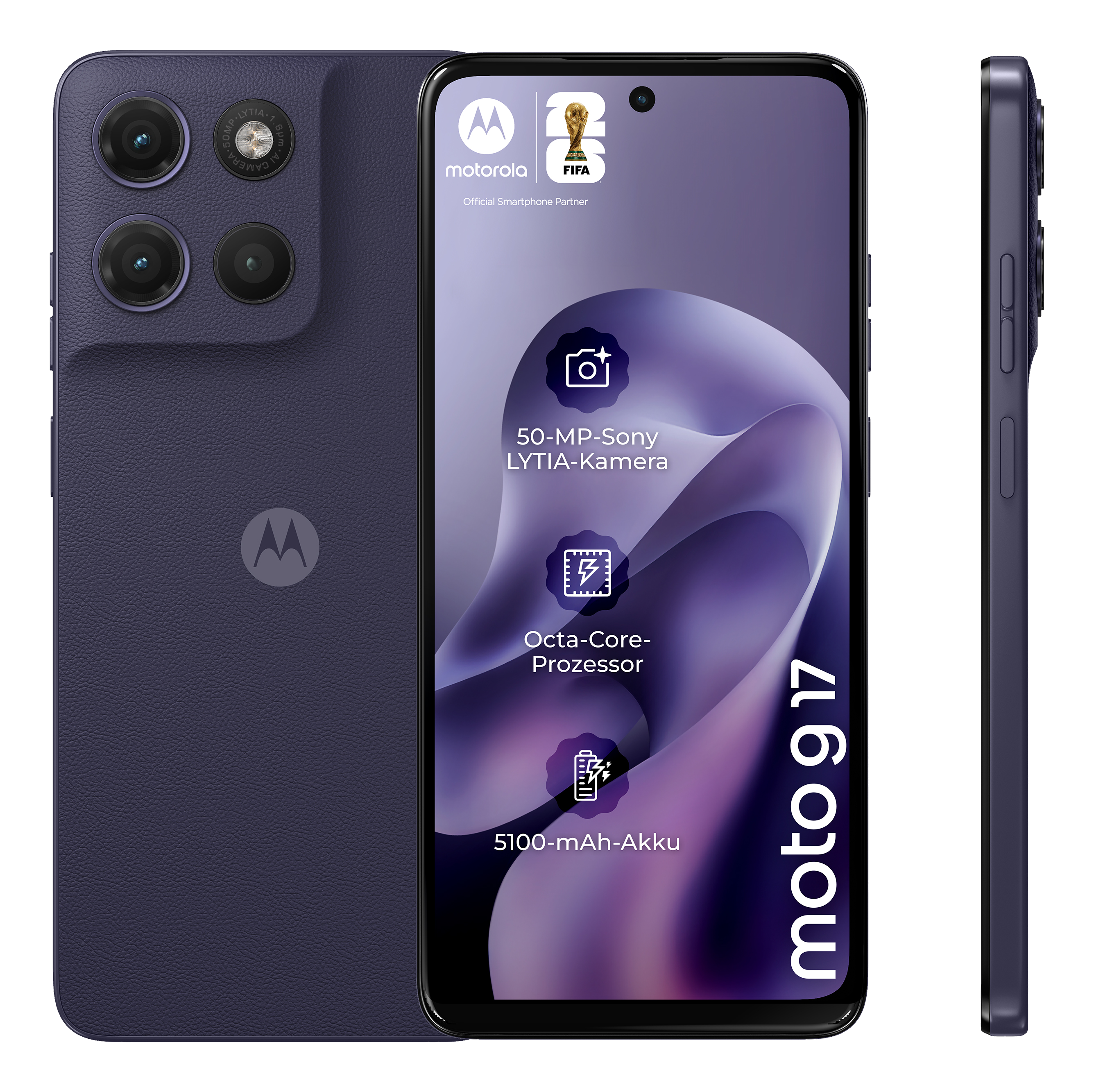 Trois vues du smartphone Motorola moto g 17 violet, affichant les détails de l'appareil photo et de la batterie.