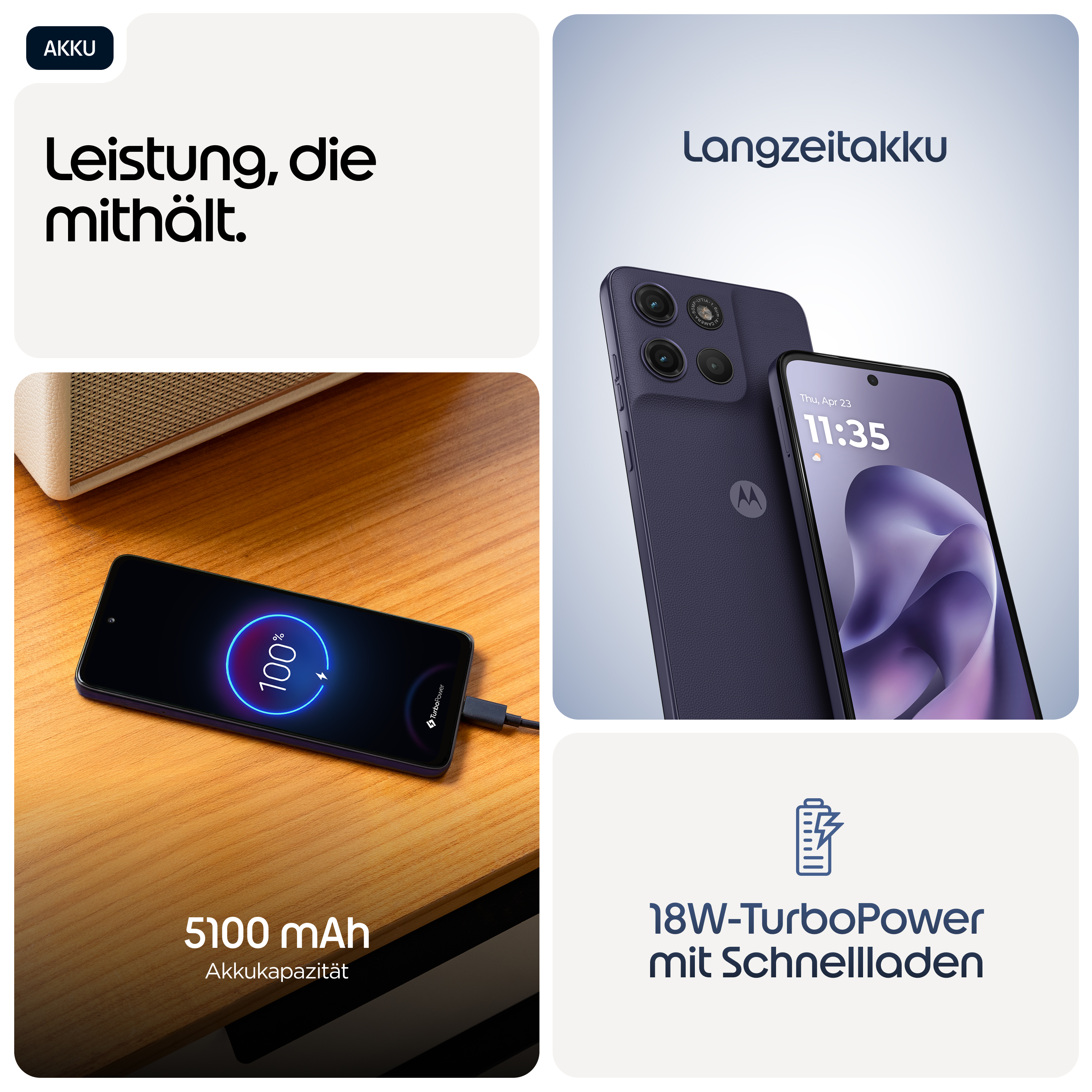 Un smartphone bleu foncé à 100% de batterie, chargeant avec 18W TurboPower.