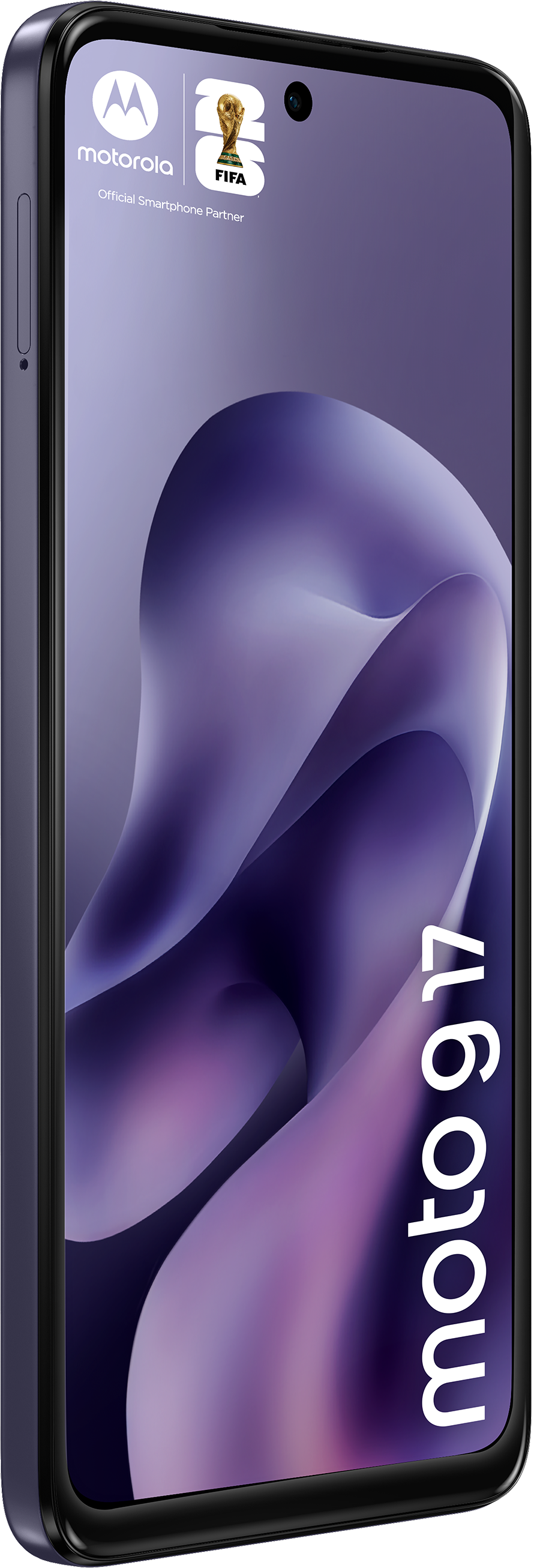 Un smartphone Motorola violet avec le logo de la Coupe du Monde de la FIFA et le texte "moto g17".