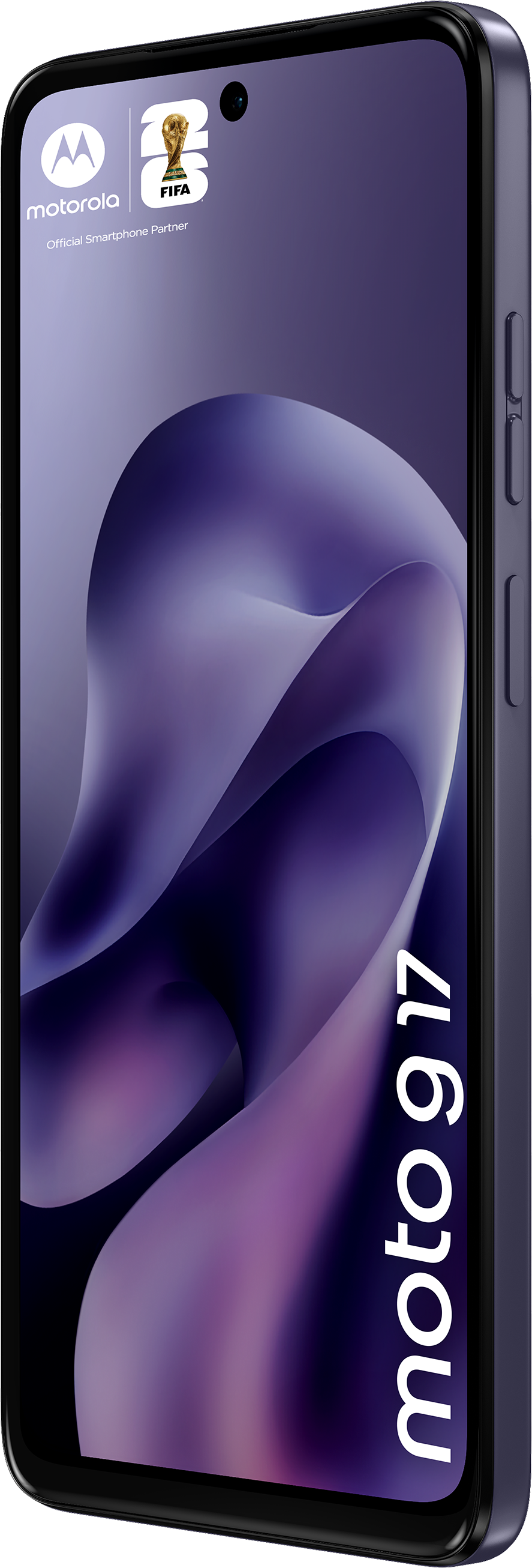 Un smartphone Motorola Moto G17 violet avec le logo de la Coupe du Monde FIFA.