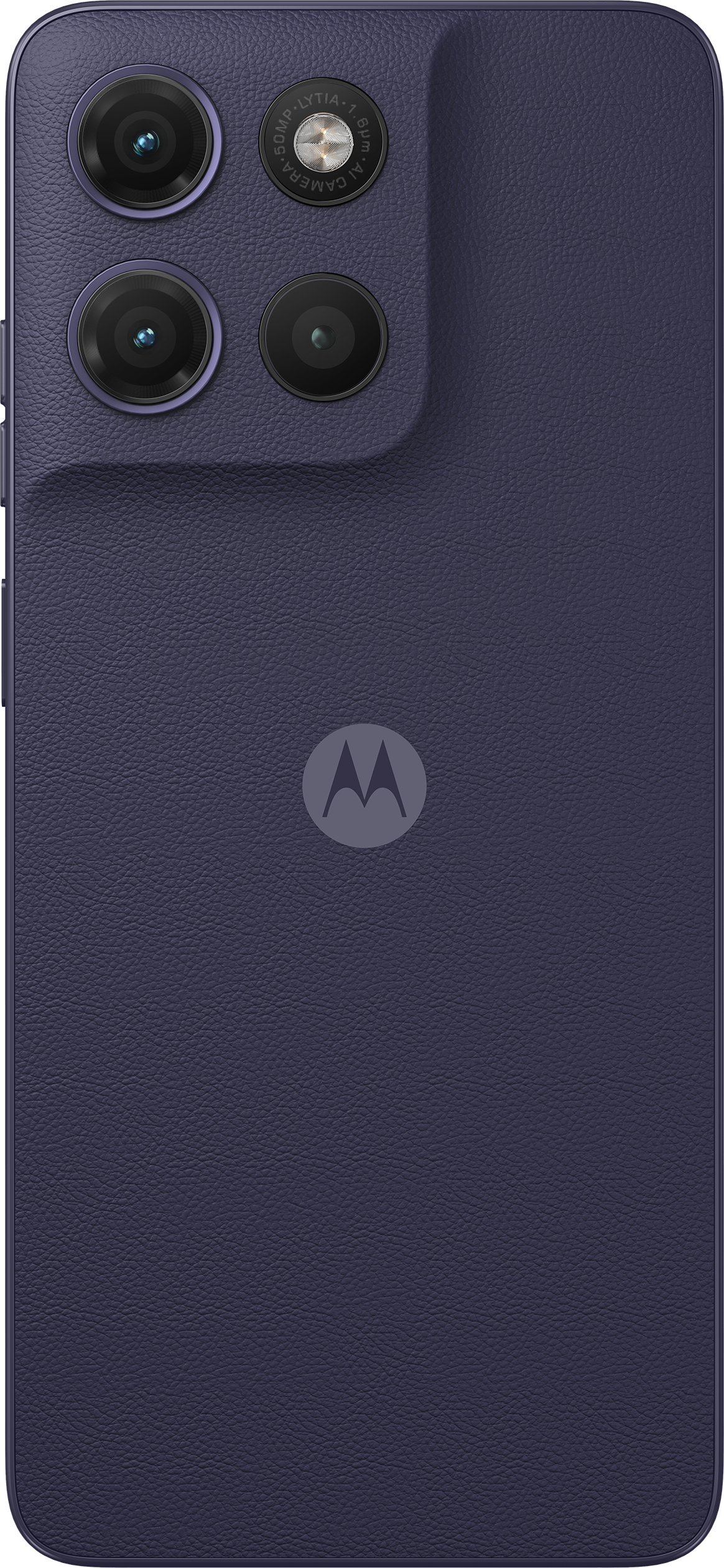 Smartphone bleu foncé avec triple appareil photo et logo Motorola.