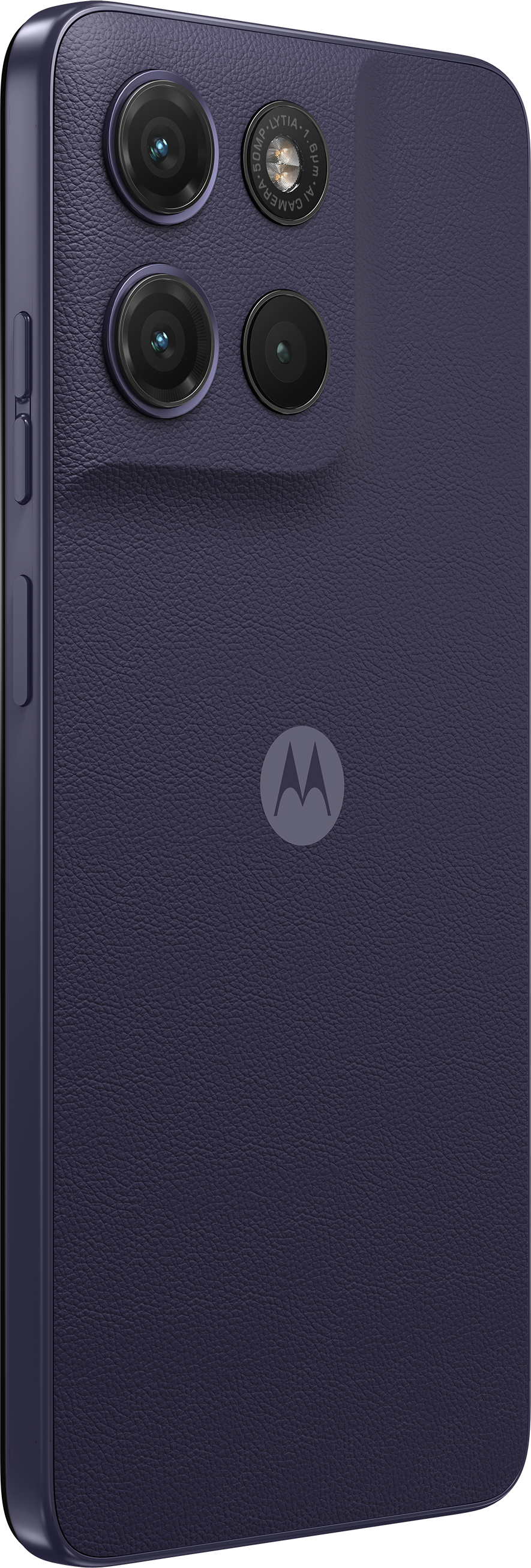 Smartphone bleu foncé avec quatre caméras et logo Motorola.