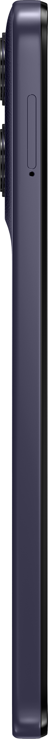 Smartphone bleu foncé de profil avec module caméra et boutons.