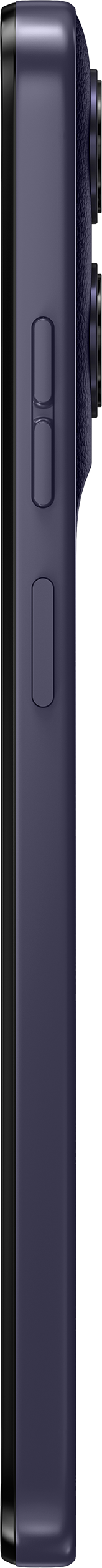 Smartphone violet foncé avec deux boutons latéraux et un module caméra.