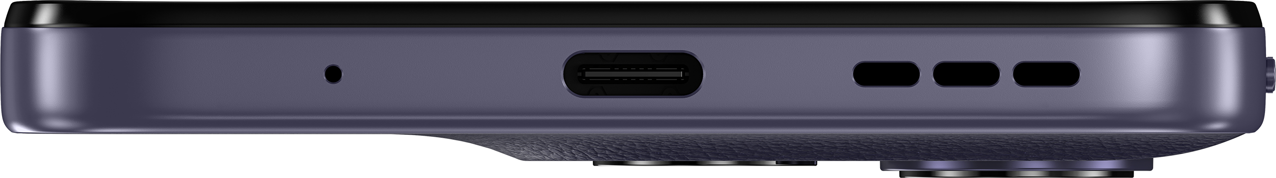 Gros plan du bord inférieur d'un smartphone avec port USB-C et grilles de haut-parleur.