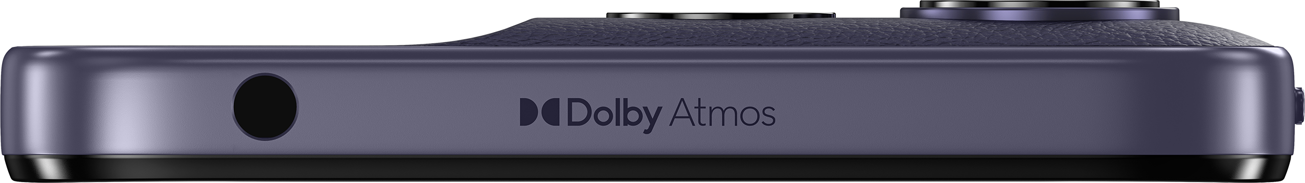 Appareil violet avec logo Dolby Atmos et boutons ronds sur le dessus.