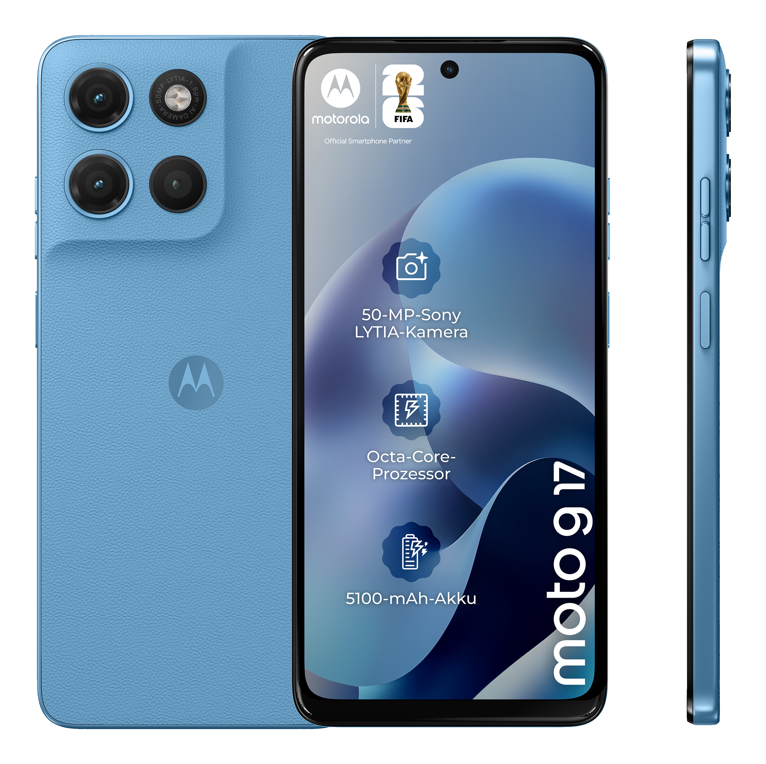 Un smartphone Motorola Moto G 17 bleu est montré de face et de côté.