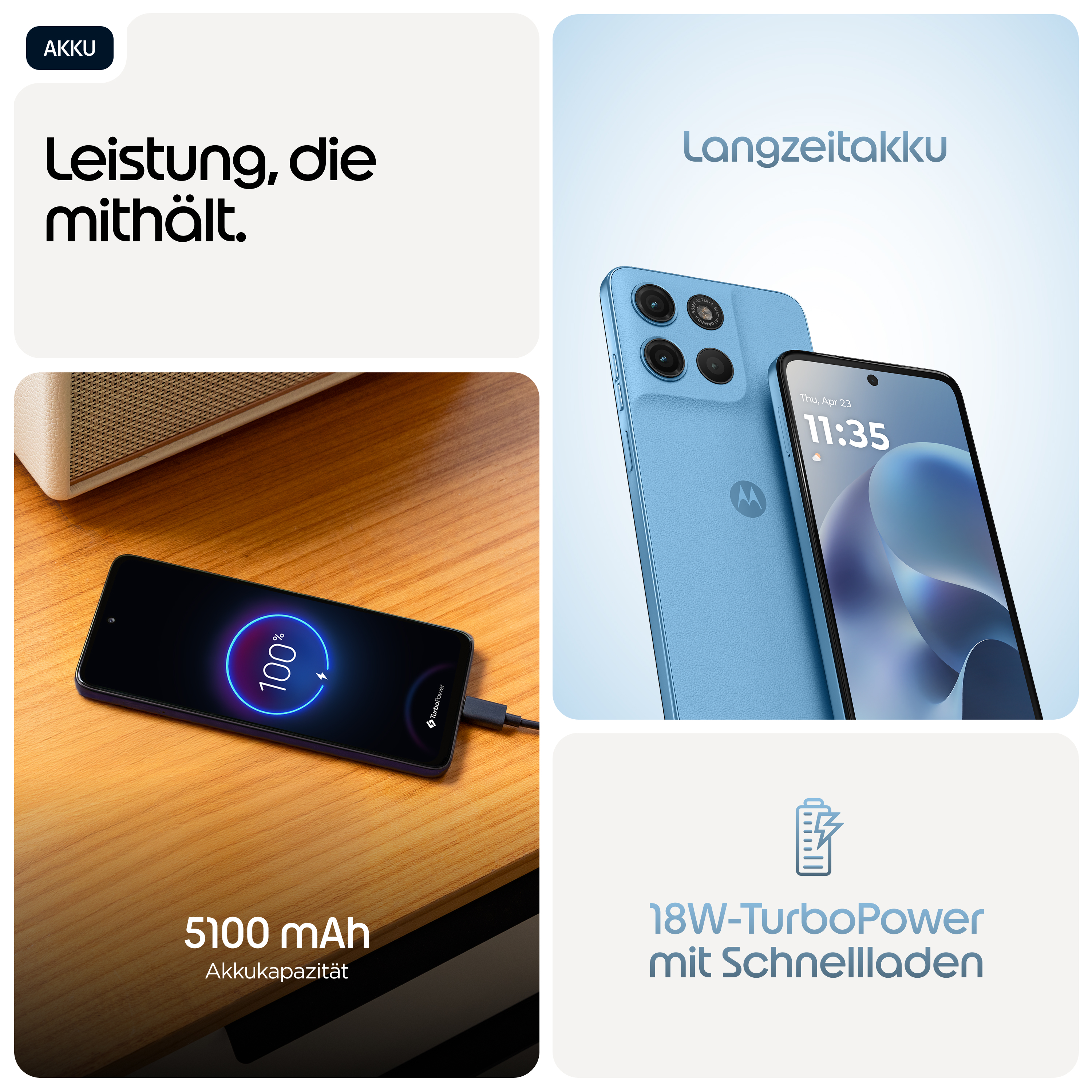 Un smartphone bleu clair avec batterie de 5100 mAh et charge rapide 18W.