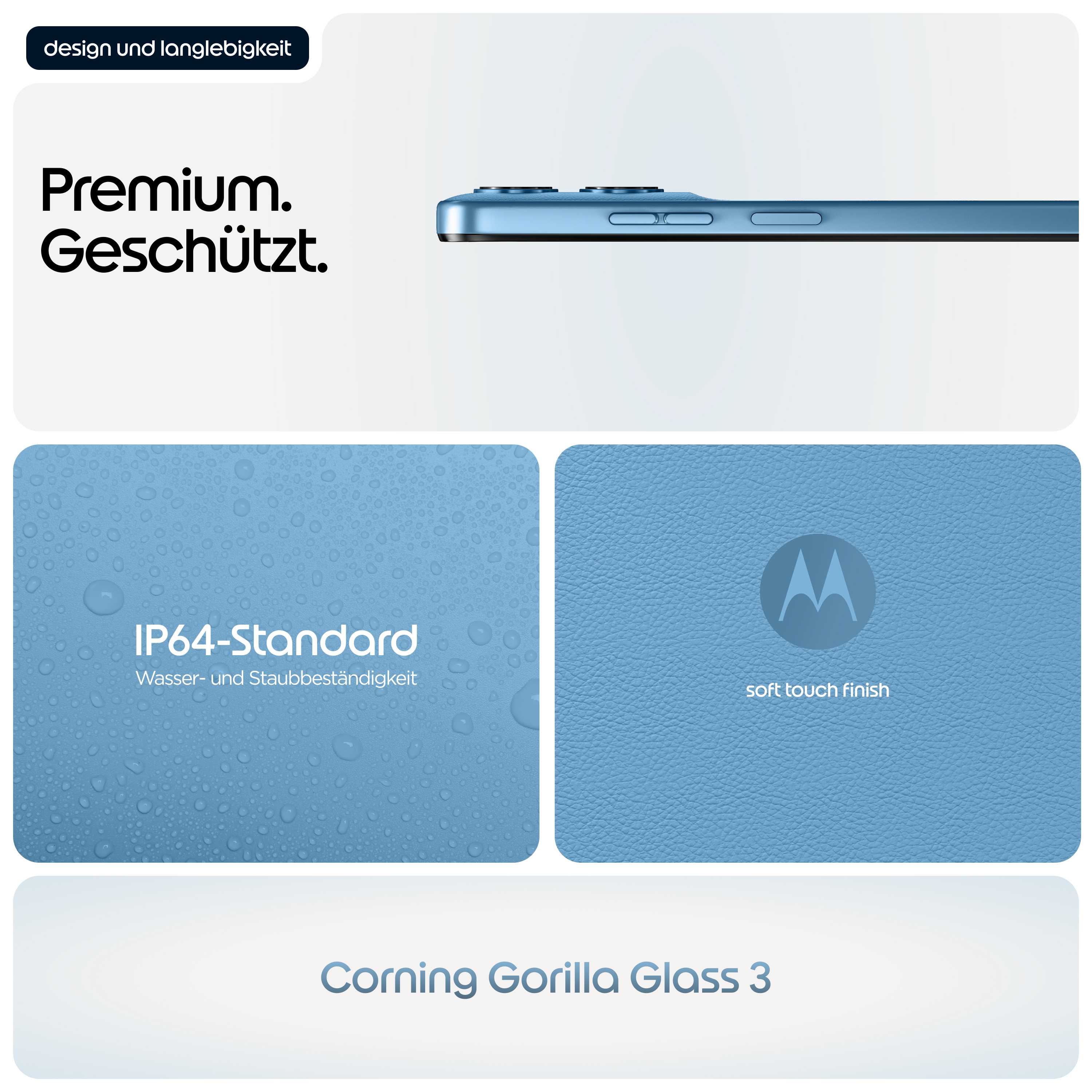 Téléphone bleu avec IP64, finition douce et Corning Gorilla Glass 3.