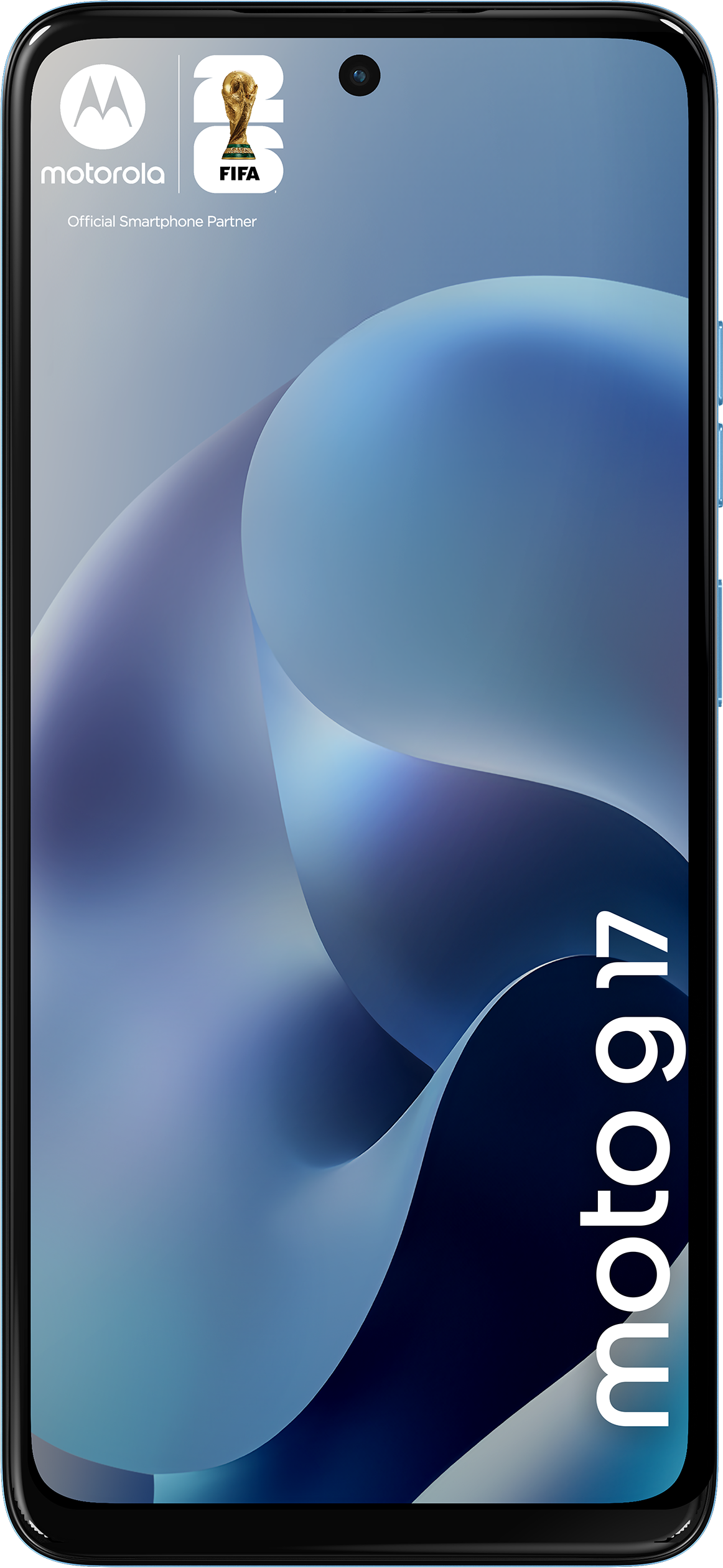 Logo Motorola, trophée FIFA, texte "moto g 17" sur fond abstrait bleu.