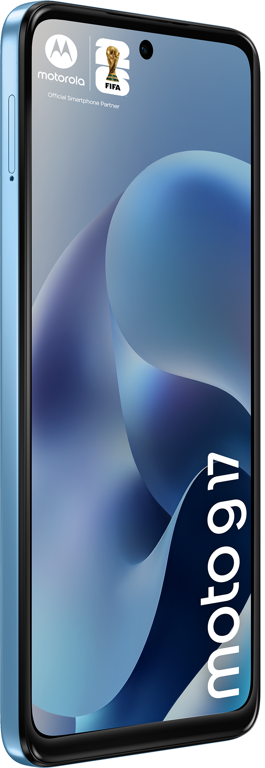 Smartphone Motorola Moto G17 bleu avec logo FIFA.