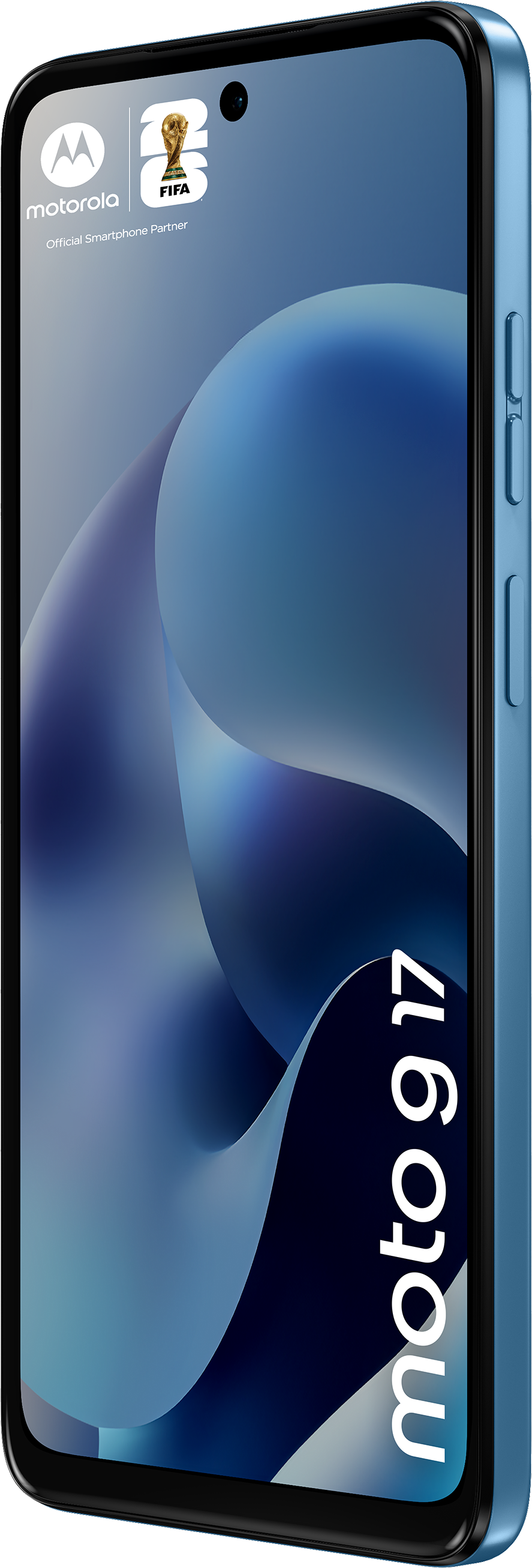 Un smartphone Motorola Moto G17 bleu avec logo FIFA et motif ondulé.