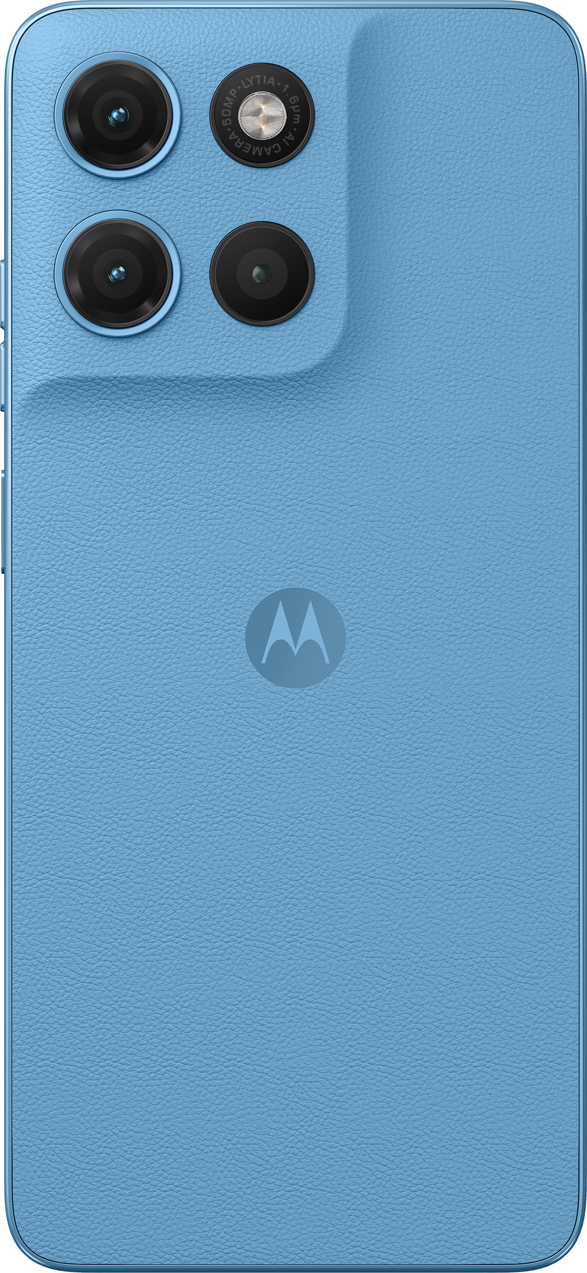 Un smartphone Motorola bleu avec trois caméras et un logo.