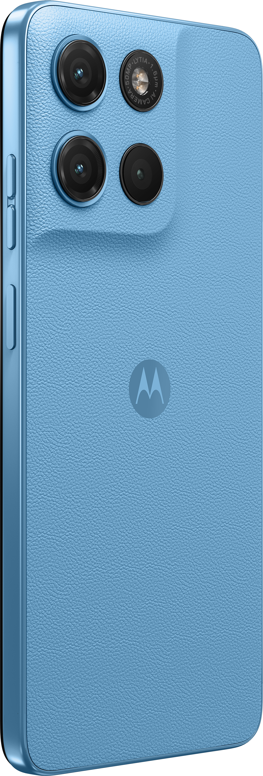 Un smartphone bleu avec trois caméras et un logo Motorola.