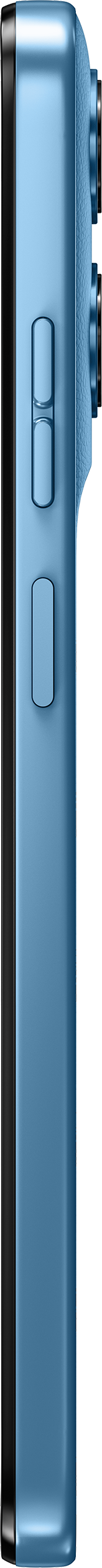 Profil bleu de smartphone avec boutons de volume et côté texturé.