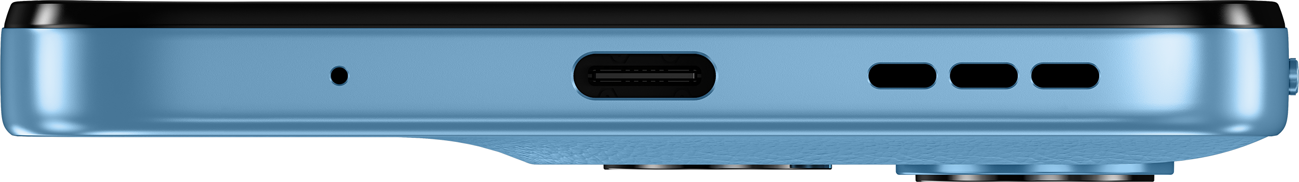 Bord de téléphone bleu avec USB-C, microphone et grilles de haut-parleur.