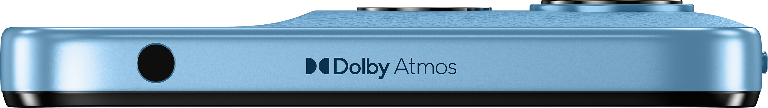 Un appareil bleu clair avec prise casque et logo Dolby Atmos.