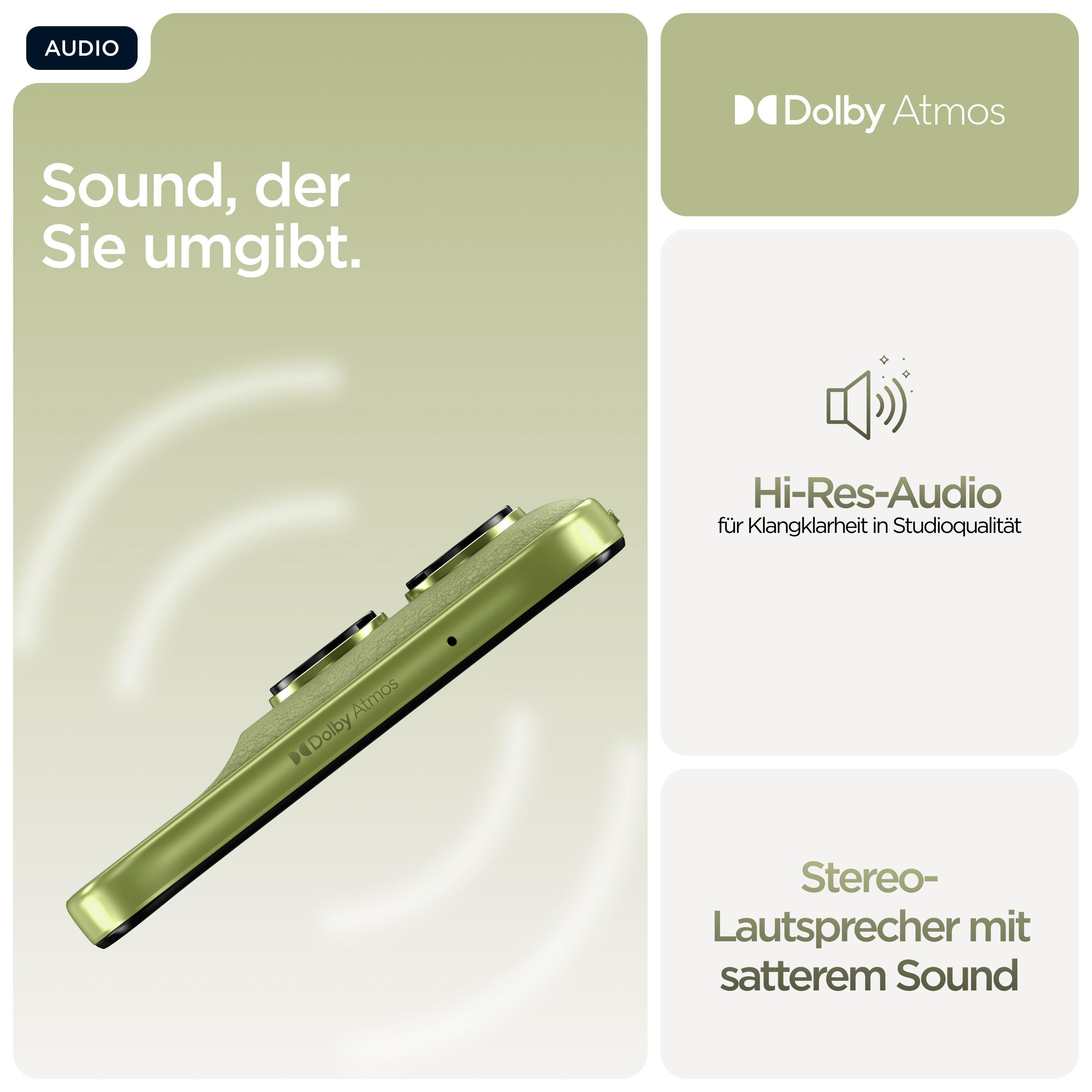 Ein grünes Smartphone mit Dolby Atmos und Hi-Res-Audio. Text: Sound, der Sie umgibt.