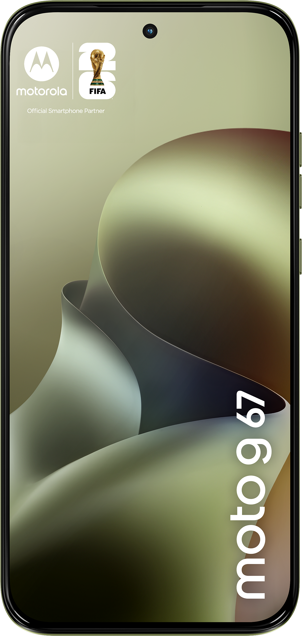 Motorola Logo, FIFA Pokal, Schriftzug "moto g 67" auf abstraktem Hintergrund.