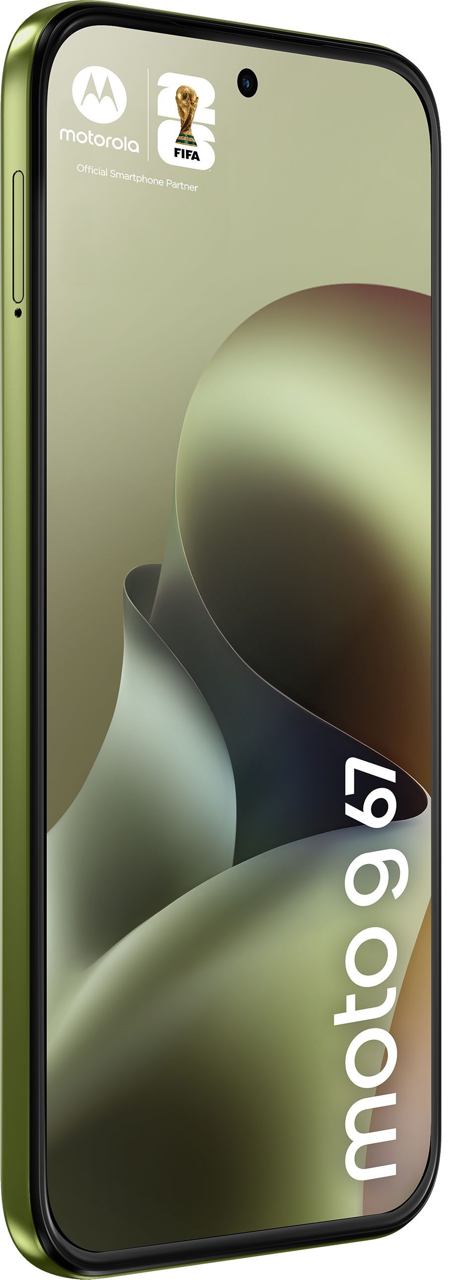 Ein grünes Motorola Moto G67 Handy mit FIFA-Logo und abstrakten Formen.