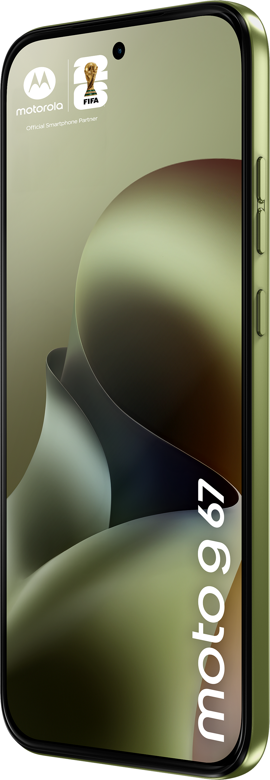 Ein grünes Motorola Moto G 67 Handy mit FIFA-Logo und abstrakter Grafik.