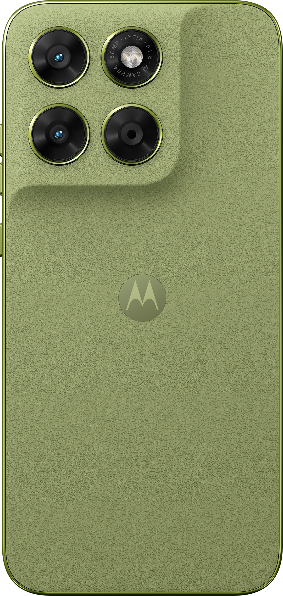 Rückseite eines olivgrünen Smartphones mit vier Kameras und Motorola-Logo.