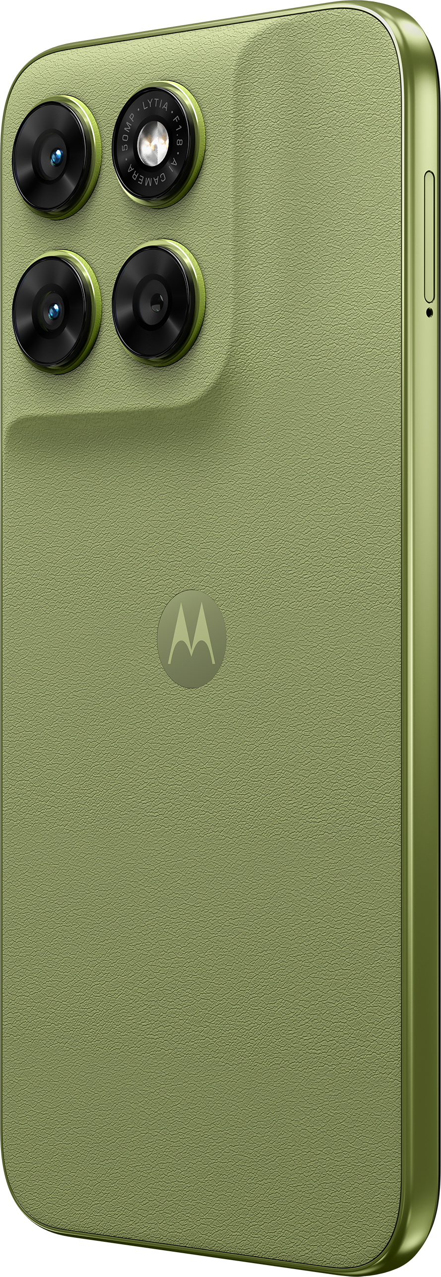 Rückseite eines grünen Smartphones mit vier Kameras und Motorola-Logo.