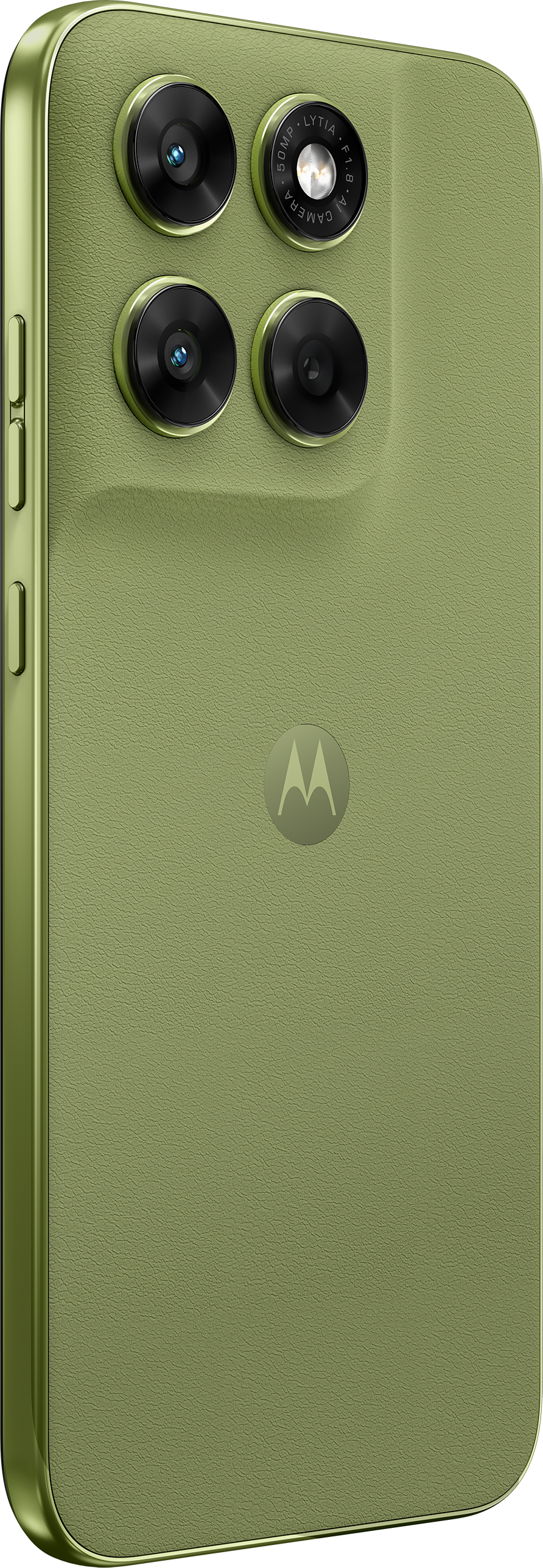 Rückseite eines grünen Smartphones mit vier Kameras und Motorola-Logo.