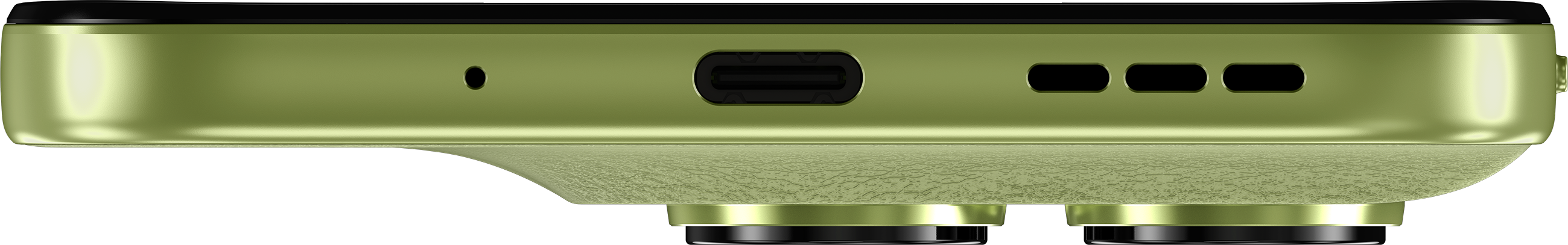 Nahaufnahme einer grünen Handy-Unterseite mit USB-C-Anschluss, Mikrofon und Lautsprechern.