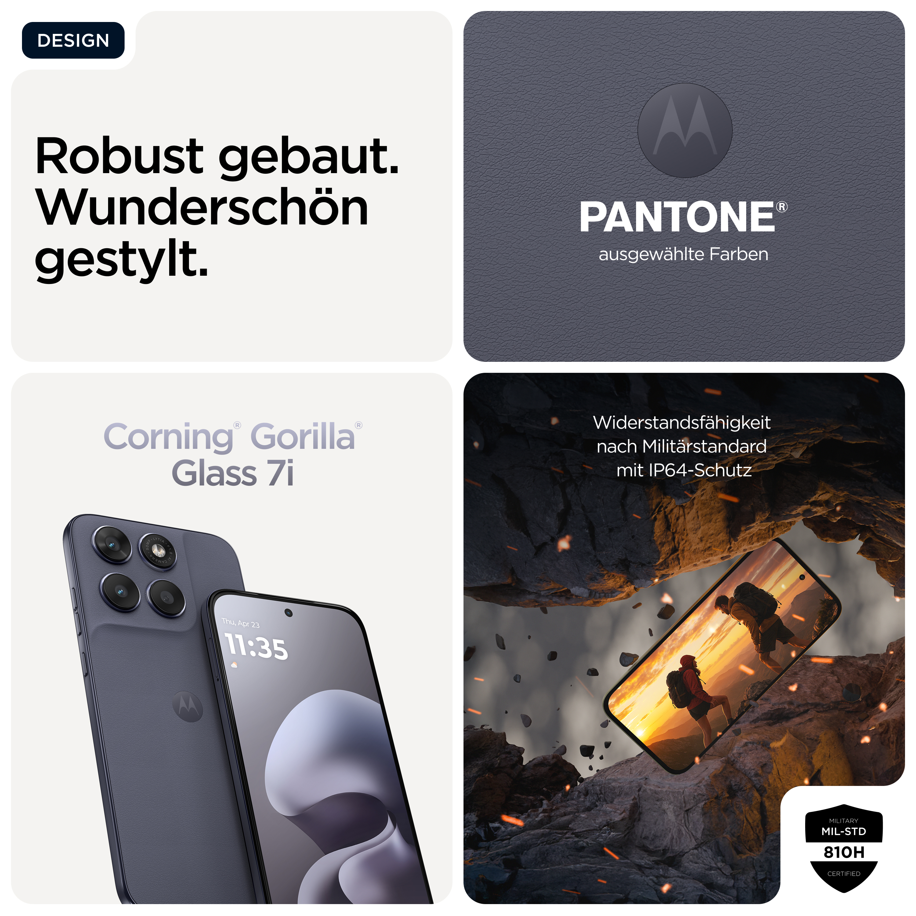 Motorola Smartphone mit robustem Design, Corning Gorilla Glass 7i und Militärstandard-Zertifizierung.