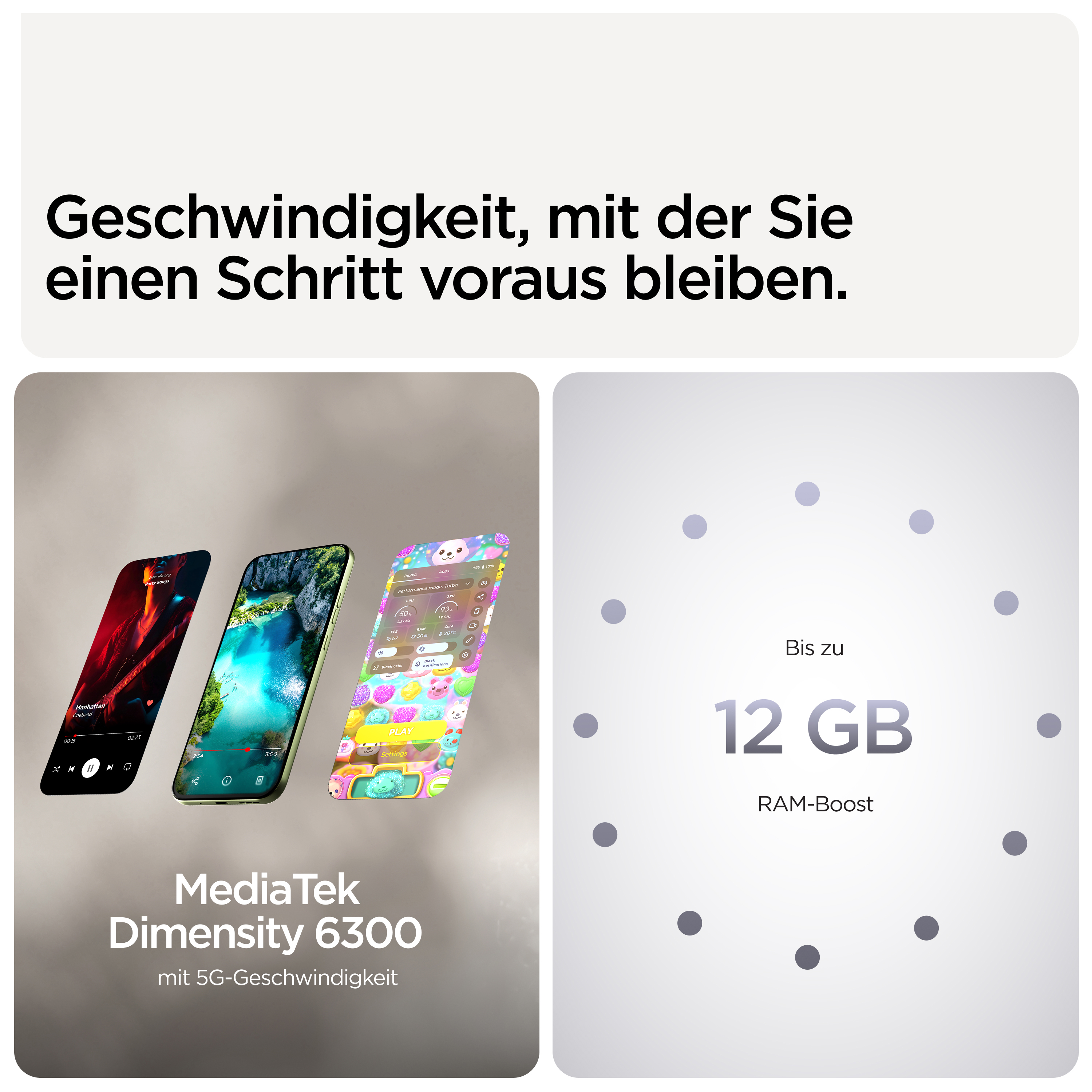Drei Smartphones mit Apps und Spielen; rechts: 12 GB RAM-Boost.