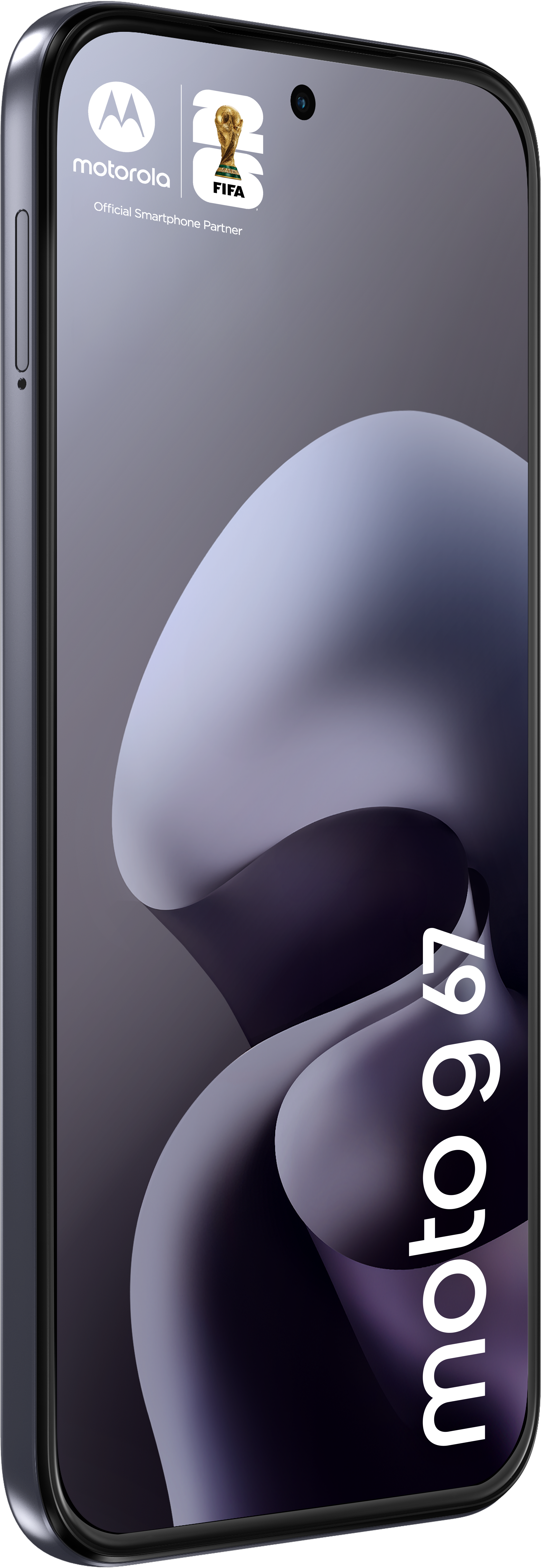 Graues Motorola Moto G67 Smartphone mit FIFA-Logo und Wellenmuster.