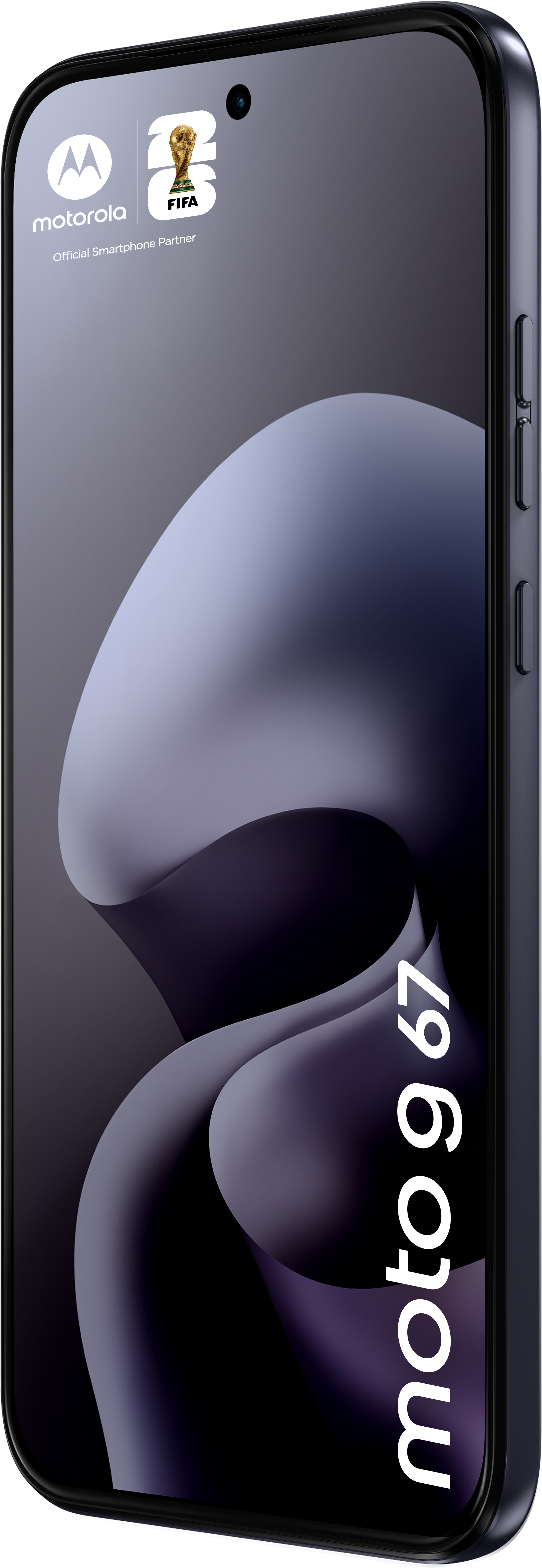 Motorola Smartphone mit FIFA-Logo. Abstraktes Design. "moto g 67" Schriftzug.