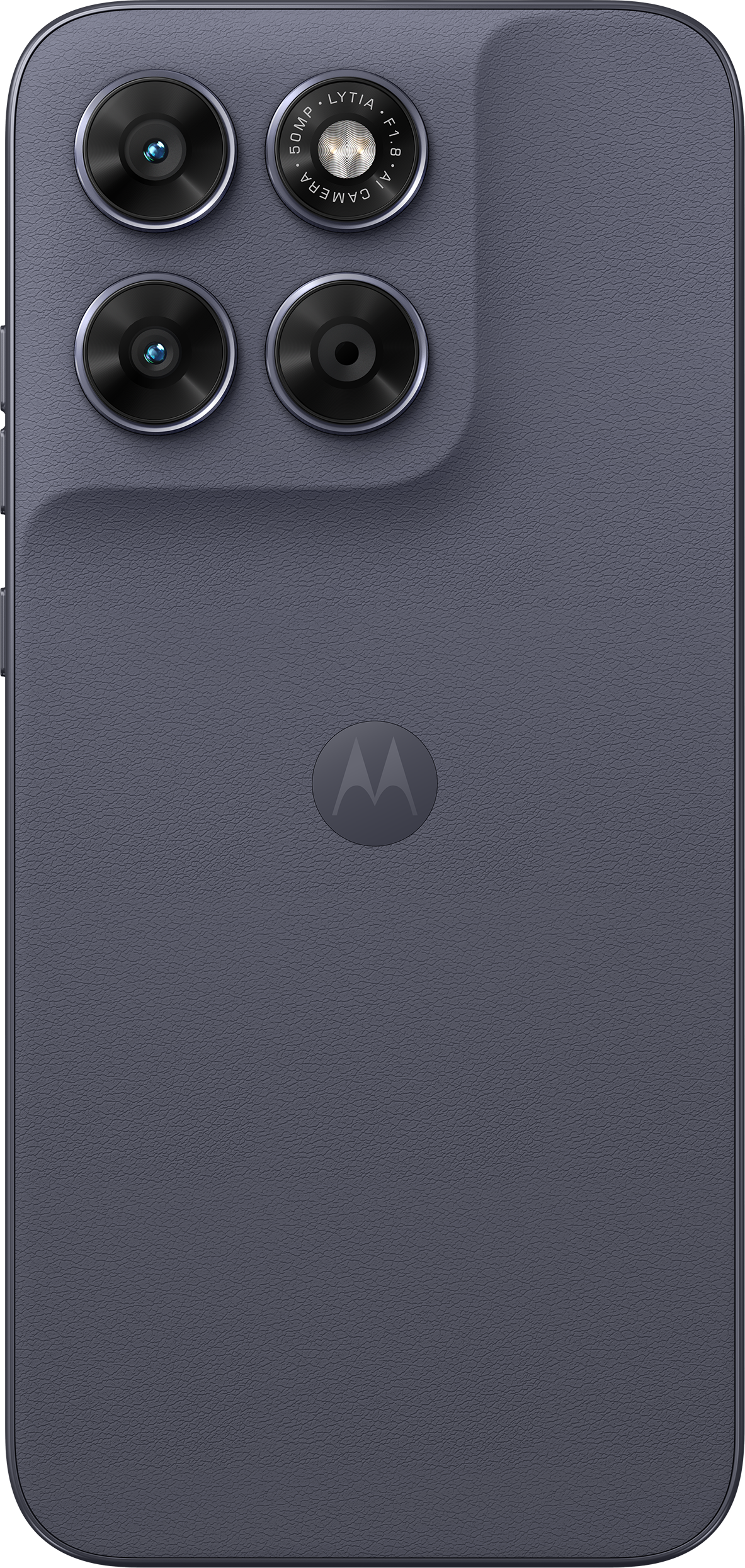 Rückseite eines grauen Smartphones mit drei Kameralinsen und Motorola-Logo.