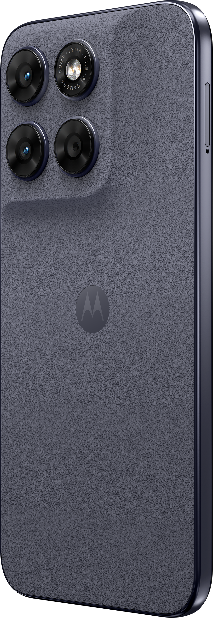 Rückseite eines dunkelgrauen Smartphones mit vier Kameras und Motorola-Logo.