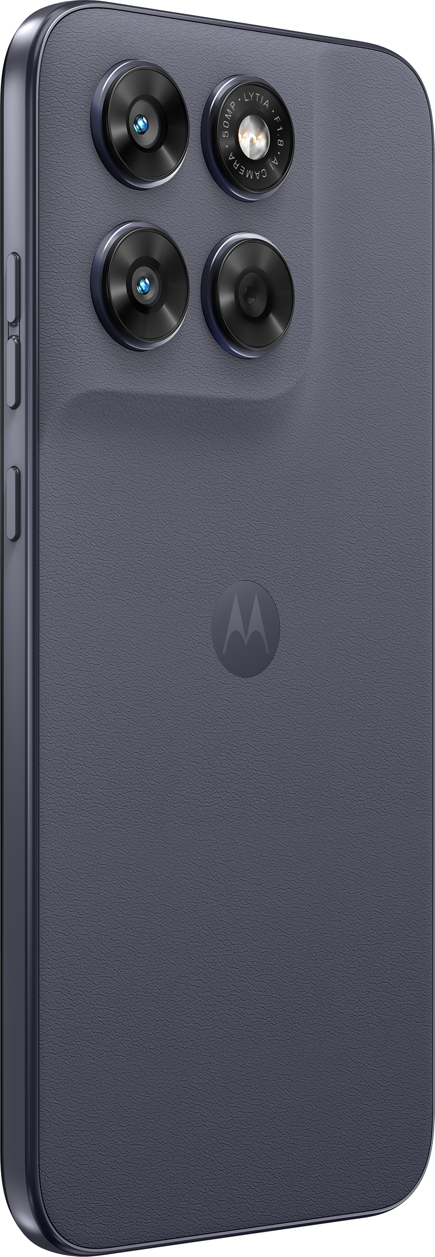 Rückseite eines grauen Smartphones mit vier Kameralinsen und Motorola-Logo.