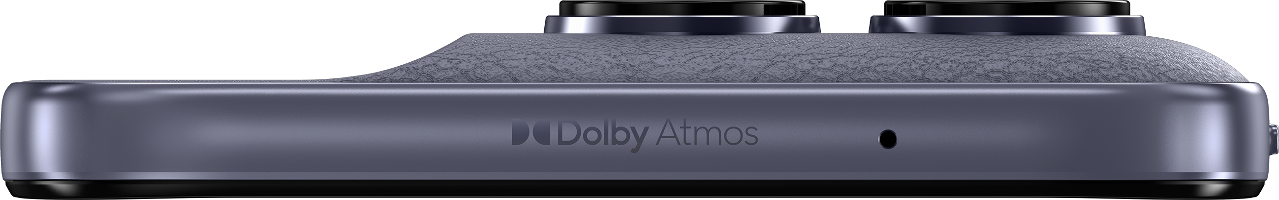 Nahaufnahme eines grauen Geräts mit Dolby Atmos-Logo und zwei schwarzen Knöpfen oben.