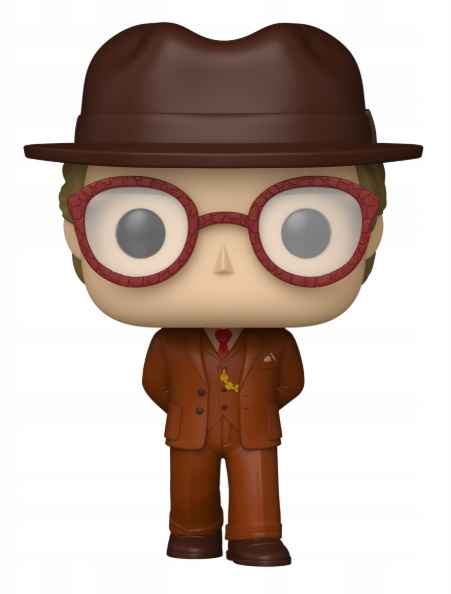 Brązowa postać w kapeluszu, okularach i garniturze.