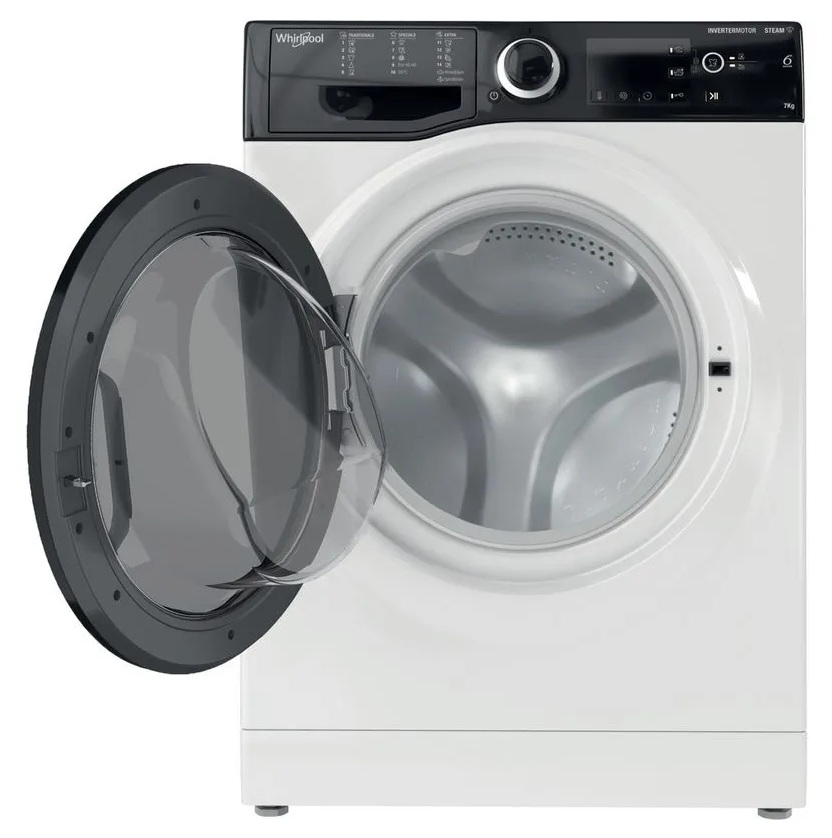 Biała pralka Whirlpool z otwartymi drzwiami, ukazująca srebrny bęben.