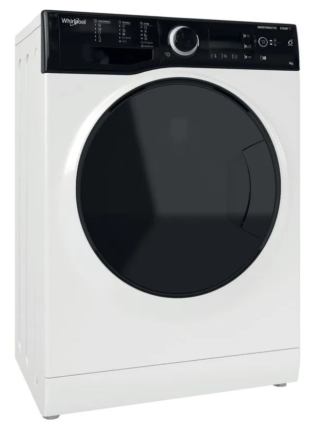 Biała pralka Whirlpool z dużymi czarnymi okrągłymi drzwiami i czarnym panelem sterowania.