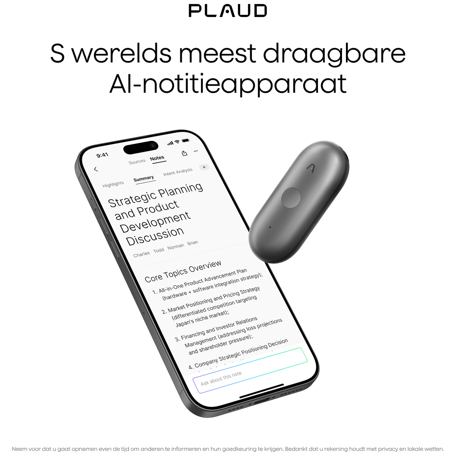 A smartphone displays a notes app with strategic planning, next to an AI device.