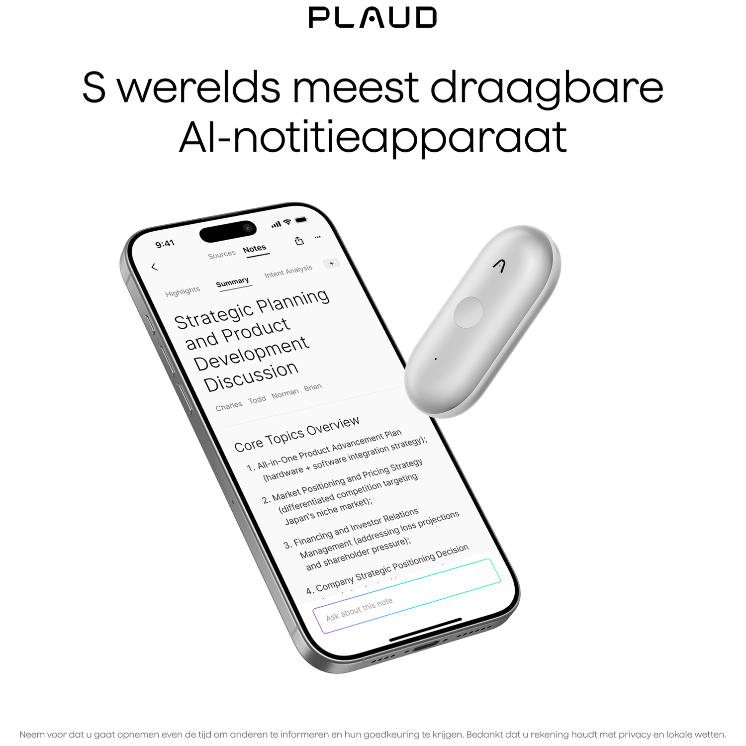 A silver smartphone displays a notes app with strategic planning. A white AI device rests beside it.
