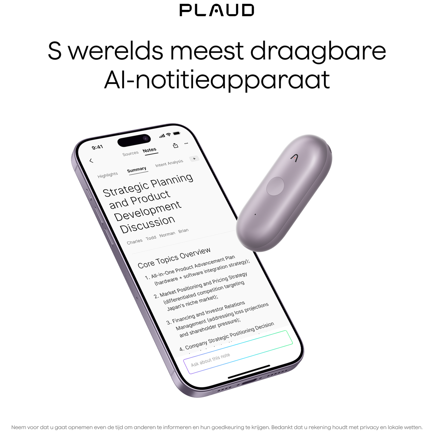 A smartphone shows a note app with strategic planning. A purple AI pen lies beside it.
