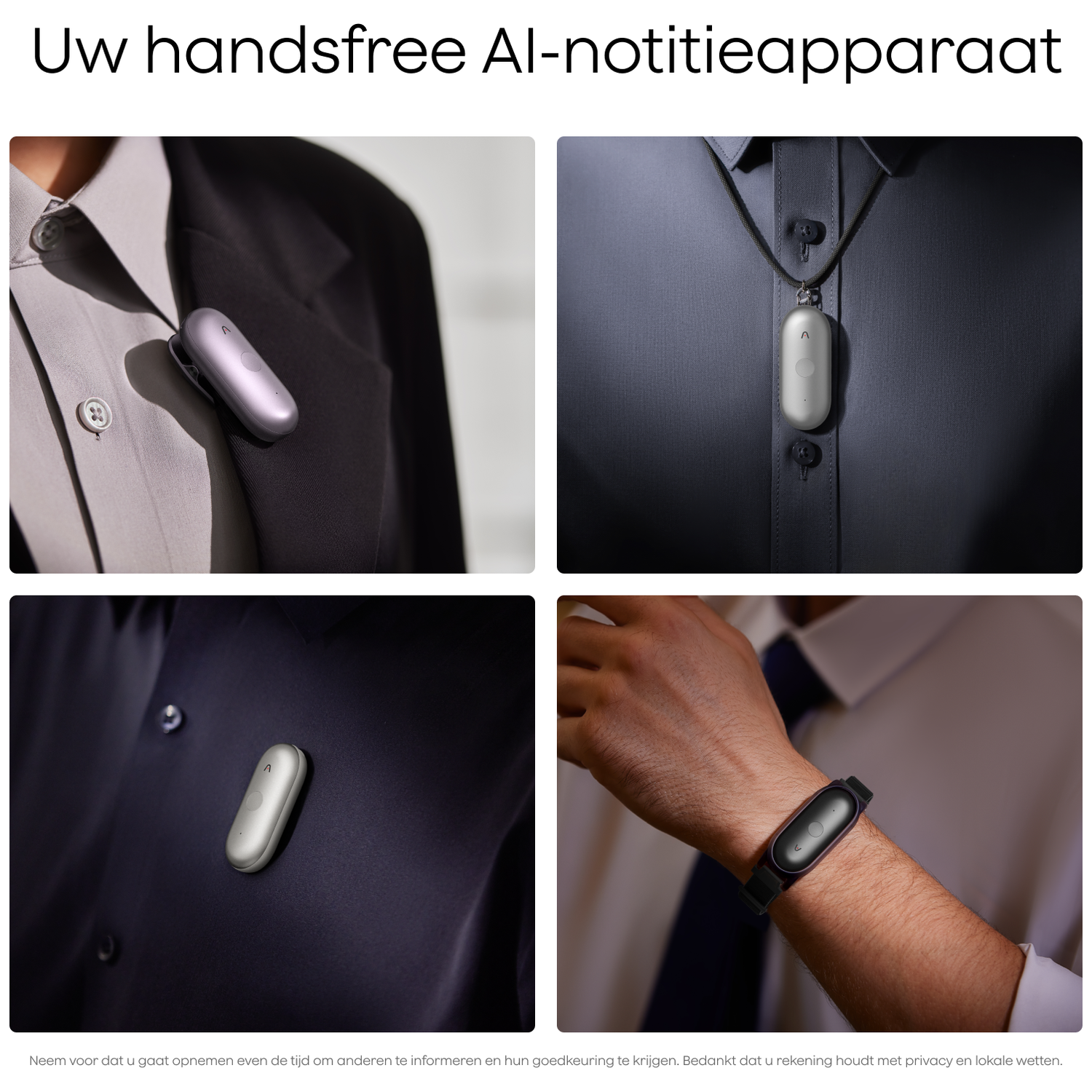 A silver AI device is worn on a shirt and suit.