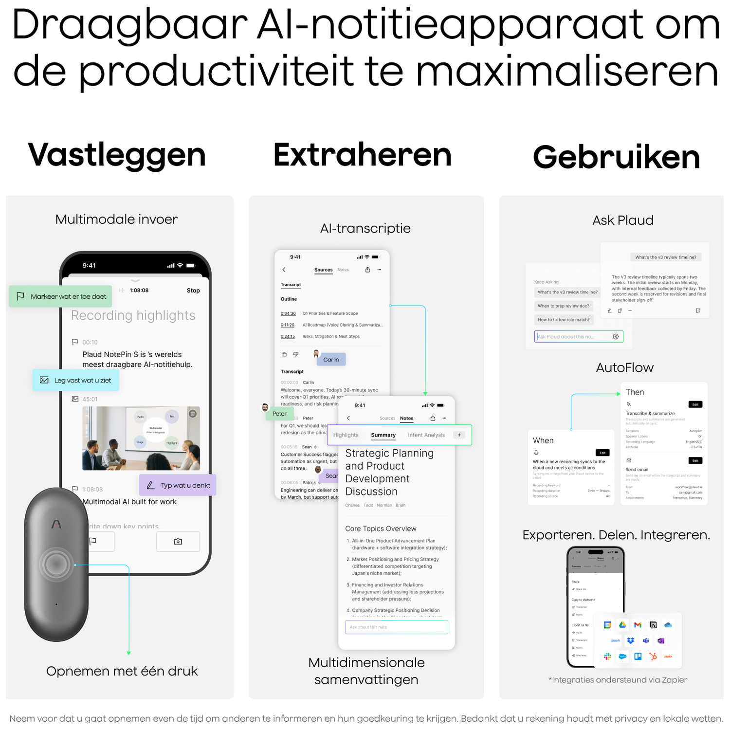 Three mockups show an AI note app: recording, transcription, and usage.