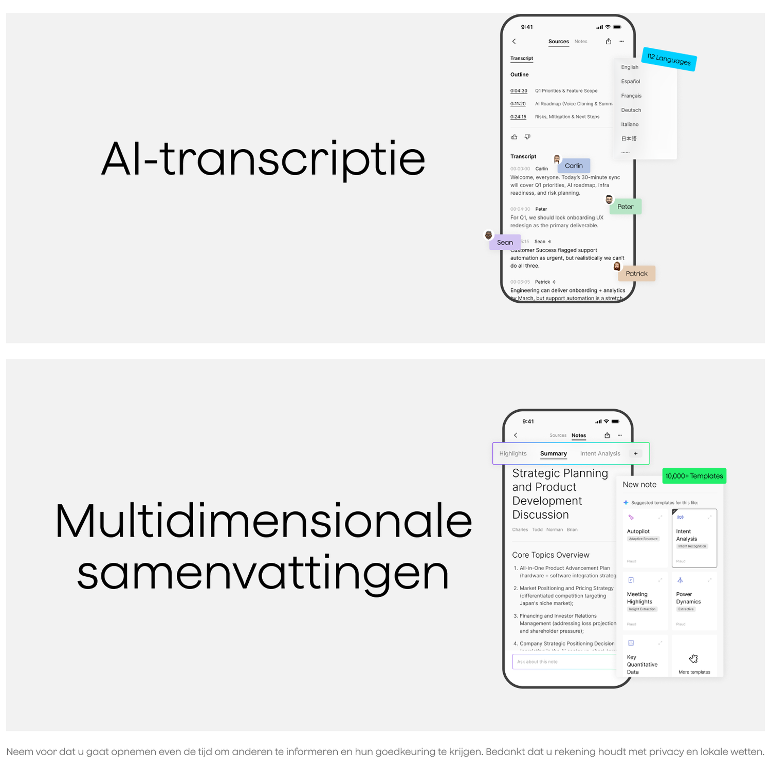 Smartphone screen showing an AI transcription app with a voice recording.