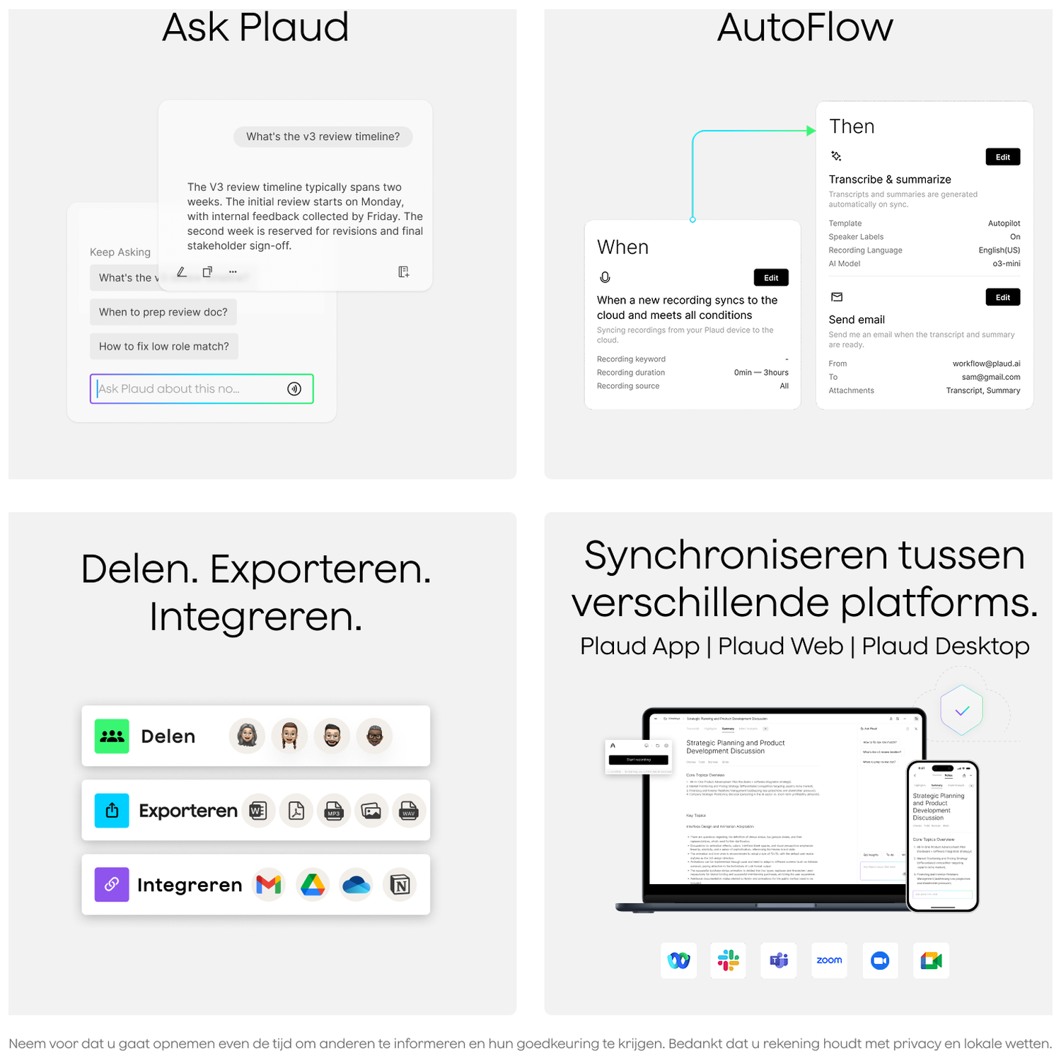 Plaud UI: Ask Plaud, AutoFlow, Share, Export, Integrate, Synchronize across platforms.