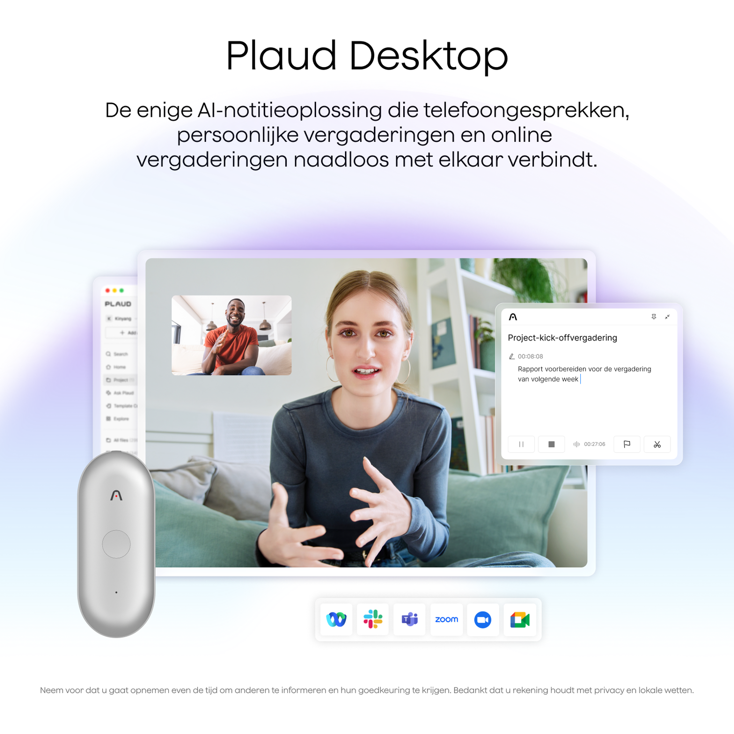 Screen showing a video call, notes app, and meeting icons. A recording device is on the left.
